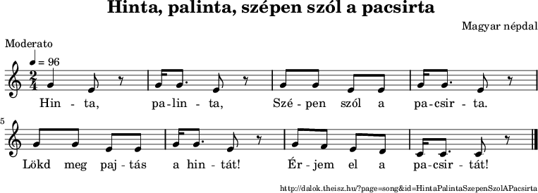 Hinta, palinta, szépen szól a pacsirta - kotta